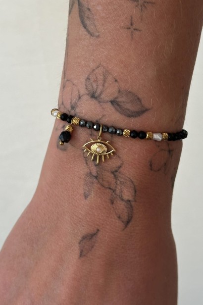 bransoletka z turmalinem, bransoletka z hematytem, bransoletka z perłą, bransoletka oko proroka, bransoletka stal szlachetna 316L, czarna bransoletka damska, biżuteria Lulobelia, elegancka bransoletka damska