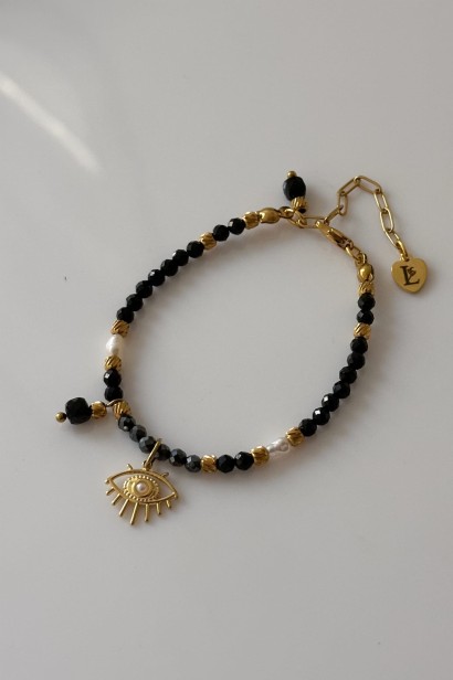 bransoletka z turmalinem, bransoletka z hematytem, bransoletka z perłą, bransoletka oko proroka, bransoletka stal szlachetna 316L, czarna bransoletka damska, biżuteria Lulobelia, elegancka bransoletka damska