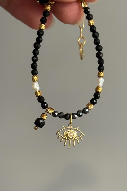 bransoletka z turmalinem, bransoletka z hematytem, bransoletka z perłą, bransoletka oko proroka, bransoletka stal szlachetna 316L, czarna bransoletka damska, biżuteria Lulobelia, elegancka bransoletka damska