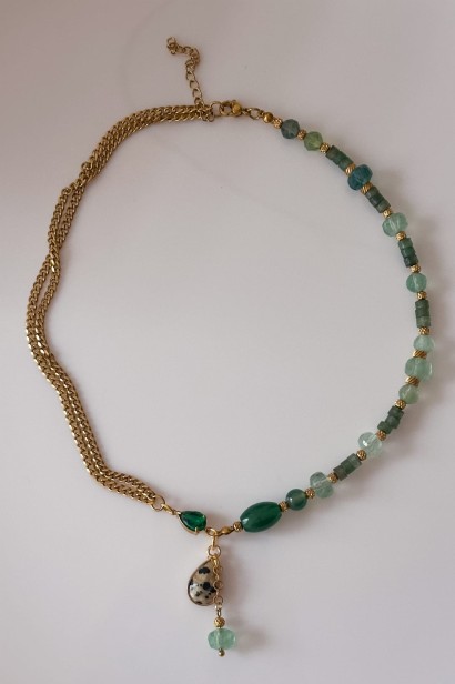 naszyjnik z kamieni naturalnych, zielony naszyjnik, fluoryt, awenturyn, jaspis dalmatyński
