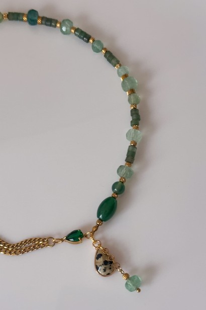 naszyjnik z kamieni naturalnych, zielony naszyjnik, fluoryt, awenturyn, jaspis dalmatyński