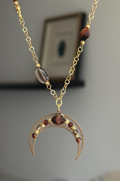 naszyjnik z kamieni naturalnych, naszyjnik z księżycem, tygrysie oko, agat, kwarc dymny, unikat