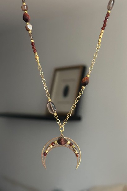 naszyjnik z kamieni naturalnych, naszyjnik z księżycem, tygrysie oko, agat, kwarc dymny, unikat