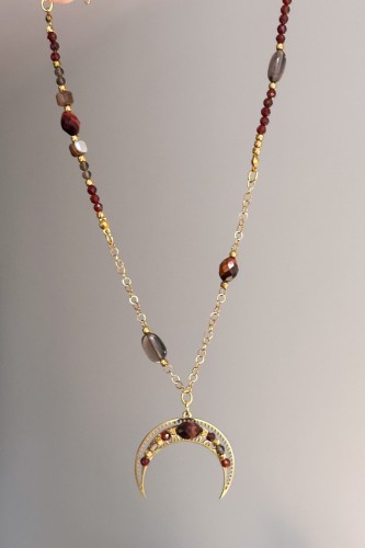 naszyjnik z kamieni naturalnych, naszyjnik z księżycem, tygrysie oko, agat, kwarc dymny, unikat