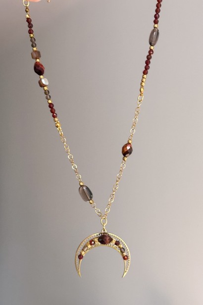 naszyjnik z kamieni naturalnych, naszyjnik z księżycem, tygrysie oko, agat, kwarc dymny, unikat