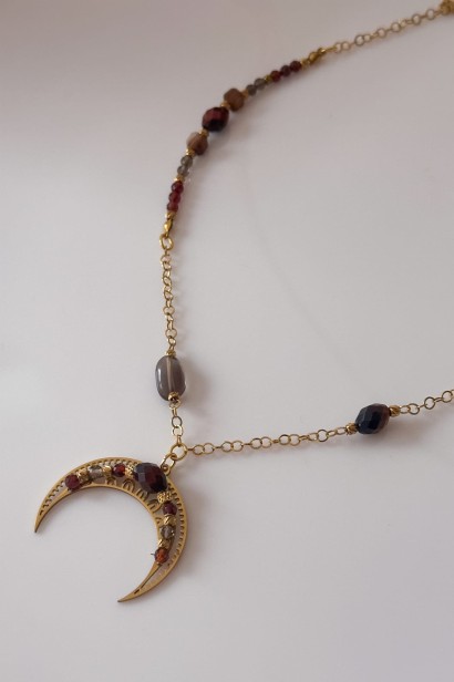 naszyjnik z kamieni naturalnych, naszyjnik z księżycem, tygrysie oko, agat, kwarc dymny, unikat