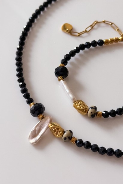 kamienie czarny turmalin jaspis perła elegancki komplet biżuterii z naturalnych kamieni ręcznie robiona biżuteria z czarnym turmalinem i perłą komplet biżuterii stal szlachetna 316l