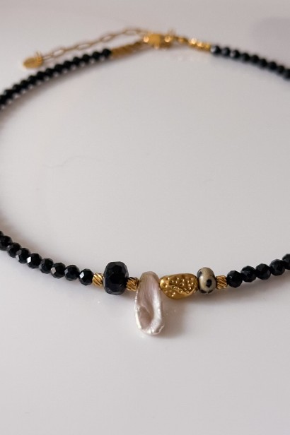 kamienie czarny turmalin jaspis perła elegancki komplet biżuterii z naturalnych kamieni ręcznie robiona biżuteria z czarnym turmalinem i perłą komplet biżuterii stal szlachetna 316l