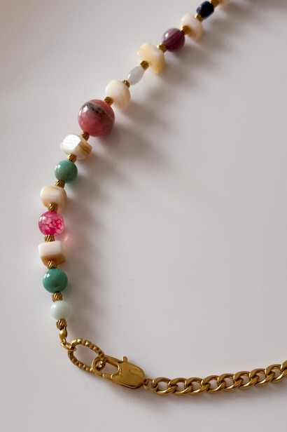 naszyjnik z naturalnych kamieni, kolorowy naszyjnik handmade, amazonit ametyst rodonit, unikatowa biżuteria ze stali, naszyjnik pancerka i kamienie