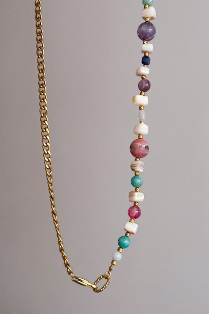 naszyjnik z naturalnych kamieni, kolorowy naszyjnik handmade, amazonit ametyst rodonit, unikatowa biżuteria ze stali, naszyjnik pancerka i kamienie