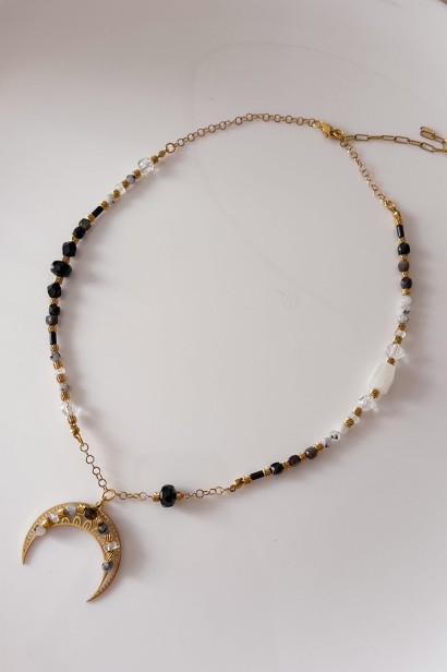 Naszyjnik lunula z obsydianem i turmalinem, kamienie naturalne, księżyc, biżuteria handmade, stal szlachetna, unikat Lulobelia.