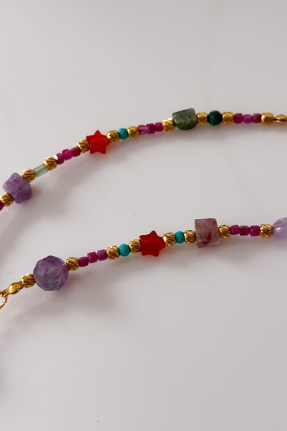 Naszyjnik lunula dopaminka z kolorowymi kamieniami naturalnymi, akwamaryn, rubin, malachit, unikat Lulobelia, biżuteria handmade.