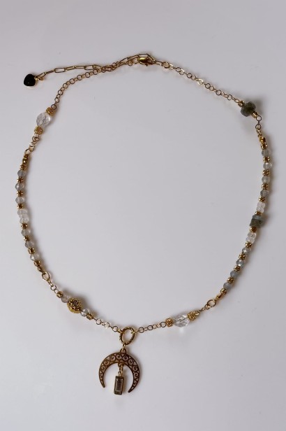 Naszyjnik lunula z labradorytem i kamieniem księżycowym, unikat Lulobelia, biżuteria z kamieniami naturalnymi, magiczny naszyjnik księżycowy.