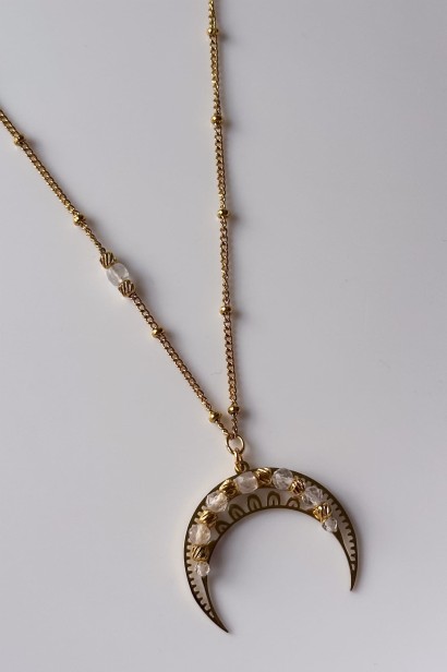 Lunula z kamieniem księżycowym i kryształem górskim, delikatny naszyjnik damski z księżycem, biżuteria symboliczna, stal szlachetna