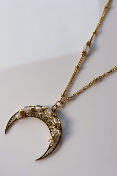 Lunula z kamieniem księżycowym i kryształem górskim, delikatny naszyjnik damski z księżycem, biżuteria symboliczna, stal szlachetna