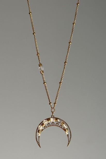 Lunula z kamieniem księżycowym i kryształem górskim, delikatny naszyjnik damski z księżycem, biżuteria symboliczna, stal szlachetna