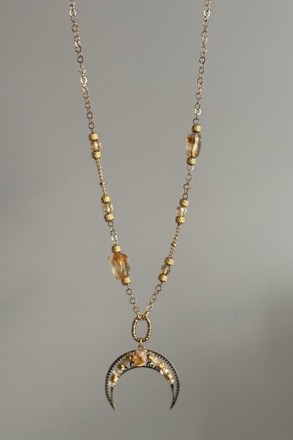 lunula z cytrynem naszyjnik dobrostan kobiety cytryn biżuteria damska naszyjnik z księżycem stal szlachetna biżuteria symboliczna handmade lunula obfitości i spełnienia naszyjnik regulowany damski