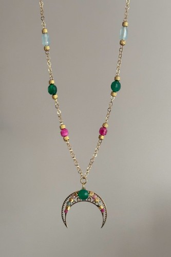 lunula radości naszyjnik z księżycem kolorowe kamienie biżuteria symboliczna handmade naszyjnik rubin turmalin agat biżuteria damska z intencją lunula regulowana stal szlachetna naszyjnik o radości życia