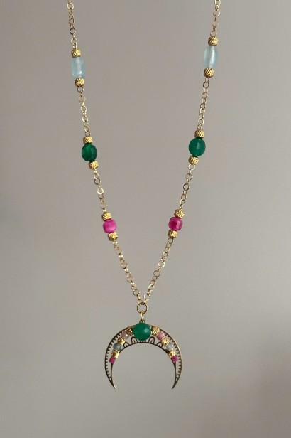 lunula radości naszyjnik z księżycem kolorowe kamienie biżuteria symboliczna handmade naszyjnik rubin turmalin agat biżuteria damska z intencją lunula regulowana stal szlachetna naszyjnik o radości życia