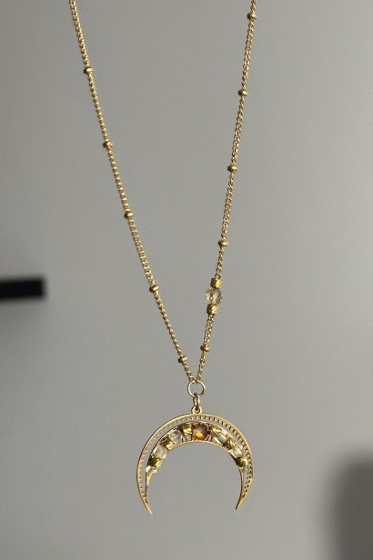 lunula z cytrynem, naszyjnik z księżycem handmade, biżuteria dobrostanu, cytryn naszyjnik damski, symboliczna biżuteria dla kobiet, złoty naszyjnik z lunulą, biżuteria z przesłaniem, cytryn stal szlachetna