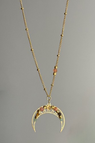 lunula z kamieni naturalnych, naszyjnik z lunulą, cytryn naszyjnik, kamień słoneczny biżuteria, tygrysie oko naszyjnik, awenturyn zielony biżuteria, symboliczna biżuteria damska, ręcznie robiona biżuteria z kamieni,