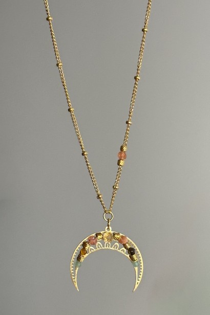 lunula z kamieni naturalnych, naszyjnik z lunulą, cytryn naszyjnik, kamień słoneczny biżuteria, tygrysie oko naszyjnik, awenturyn zielony biżuteria, symboliczna biżuteria damska, ręcznie robiona biżuteria z kamieni,