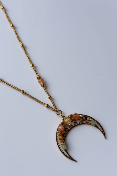 lunula z kamieni naturalnych, naszyjnik z lunulą, cytryn naszyjnik, kamień słoneczny biżuteria, tygrysie oko naszyjnik, awenturyn zielony biżuteria, symboliczna biżuteria damska, ręcznie robiona biżuteria z kamieni,