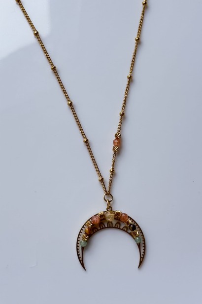 lunula z kamieni naturalnych, naszyjnik z lunulą, cytryn naszyjnik, kamień słoneczny biżuteria, tygrysie oko naszyjnik, awenturyn zielony biżuteria, symboliczna biżuteria damska, ręcznie robiona biżuteria z kamieni,