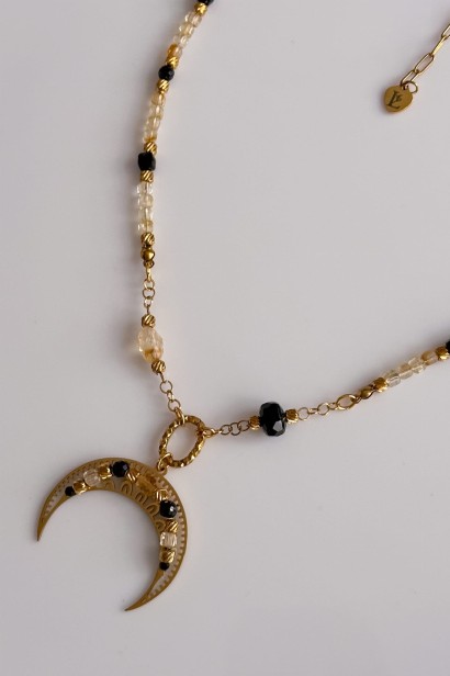 lunula z kamieni naturalnych, naszyjnik z lunulą, biżuteria symboliczna damska, cytryn kamień, czarny turmalin, naszyjnik stal szlachetna, lunula dobrobyt