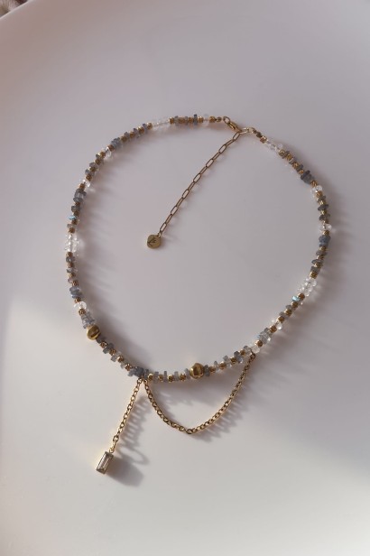 kolią z labradorytu, naszyjnik intuicji, labradoryt kryształ górski, unikatowa kolia handmade, biżuteria symboliczna