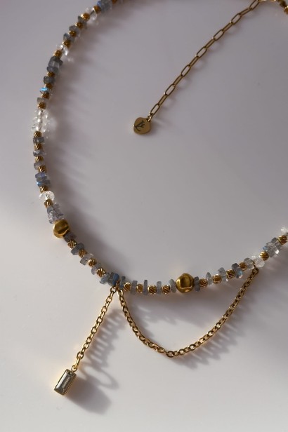 kolią z labradorytu, naszyjnik intuicji, labradoryt kryształ górski, unikatowa kolia handmade, biżuteria symboliczna