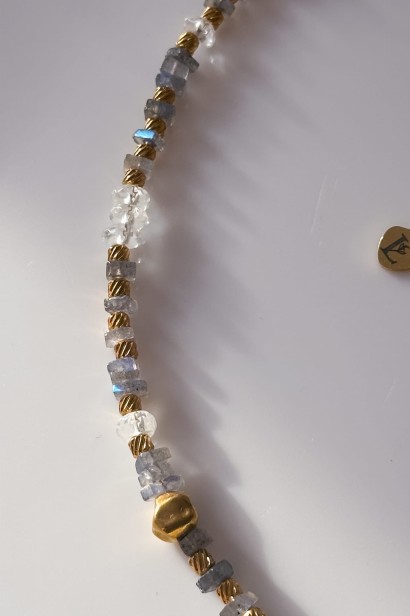kolią z labradorytu, naszyjnik intuicji, labradoryt kryształ górski, unikatowa kolia handmade, biżuteria symboliczna