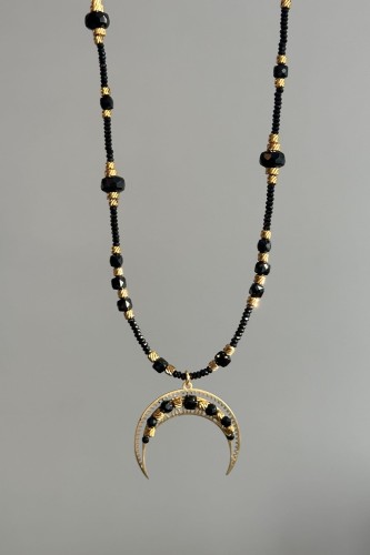 Naszyjnik lunula z onyksem i czarnym turmalinem, biżuteria ochronna, symboliczna, unikat, stal szlachetna, ręcznie robiona