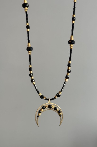 Naszyjnik lunula z onyksem i czarnym turmalinem, biżuteria ochronna, symboliczna, unikat, stal szlachetna, ręcznie robiona