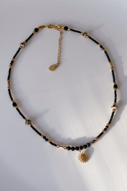 Choker Shine ze słoneczkiem: czarny turmalin, jaspis dalmatyński, noc kairu. Stal szlachetna, regulacja 40+5 cm, złoty/srebrny.