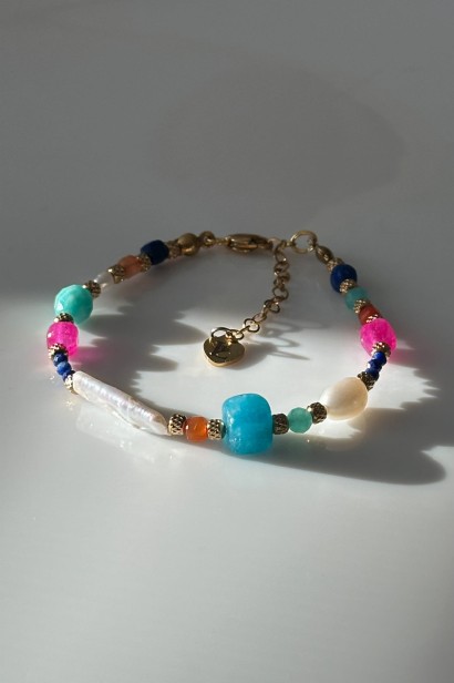 unikatowa bransoletka z kamieni naturalnych, bransoletka dopaminkowa, bransoletka apatyt amazonit perła, bransoletka z kamieniem księżycowym, bransoletka lapis lazuli, kolorowa bransoletka handmade, bransoletka z regulacją,