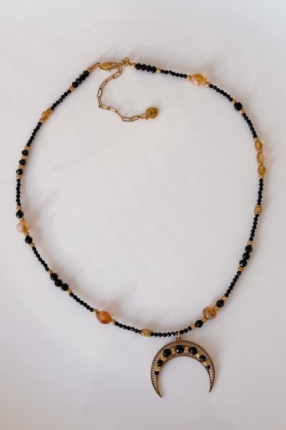 naszyjnik lunula z czarnym turmalinem, lunula z cytrynem, naszyjnik z czarnym turmalinem stal szlachetna, biżuteria symboliczna lunula, regulowany naszyjnik stal szlachetna, naszyjnik z kamieni naturalnych czarny turmalin cytryn