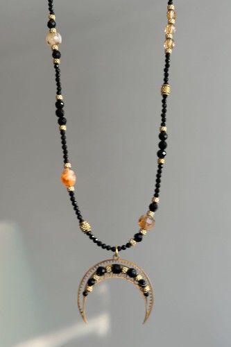 naszyjnik lunula z czarnym turmalinem, lunula z cytrynem, naszyjnik z czarnym turmalinem stal szlachetna, biżuteria symboliczna lunula, regulowany naszyjnik stal szlachetna, naszyjnik z kamieni naturalnych czarny turmalin cytryn