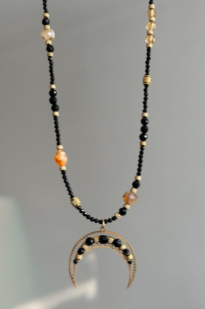 naszyjnik lunula z czarnym turmalinem, lunula z cytrynem, naszyjnik z czarnym turmalinem stal szlachetna, biżuteria symboliczna lunula, regulowany naszyjnik stal szlachetna, naszyjnik z kamieni naturalnych czarny turmalin cytryn