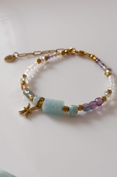 Bransoletka Go With the Flow dla Ryb z kamieni naturalnych, symbol zodiaku Ryby stal 316L