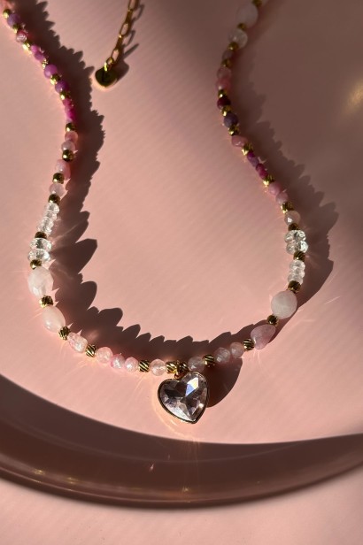 unikatowy naszyjnik walentynkowy, naszyjnik z rubinem, naszyjnik z różowym turmalinem, naszyjnik z kwarcem różowym, naszyjnik z kryształem górskim, naszyjnik serce, biżuteria symbol miłości, prezent dla kobiety