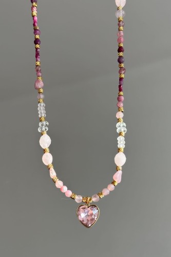 unikatowy naszyjnik walentynkowy, naszyjnik z rubinem, naszyjnik z różowym turmalinem, naszyjnik z kwarcem różowym, naszyjnik z kryształem górskim, naszyjnik serce, biżuteria symbol miłości, prezent dla kobiety