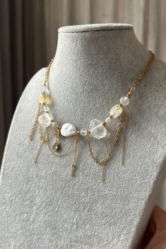 unikatowa kolia, kolia z perłą, naszyjnik z cytrynem, naszyjnik z kryształem górskim, elegancki naszyjnik damski, biżuteria na wyjątkowe wyjścia, luksusowy naszyjnik, złota kolia