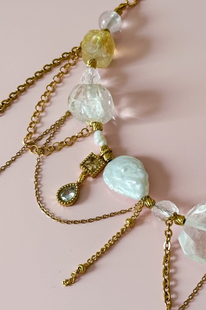 unikatowa kolia, kolia z perłą, naszyjnik z cytrynem, naszyjnik z kryształem górskim, elegancki naszyjnik damski, biżuteria na wyjątkowe wyjścia, luksusowy naszyjnik, złota kolia