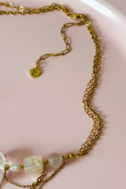 unikatowa kolia, kolia z perłą, naszyjnik z cytrynem, naszyjnik z kryształem górskim, elegancki naszyjnik damski, biżuteria na wyjątkowe wyjścia, luksusowy naszyjnik, złota kolia