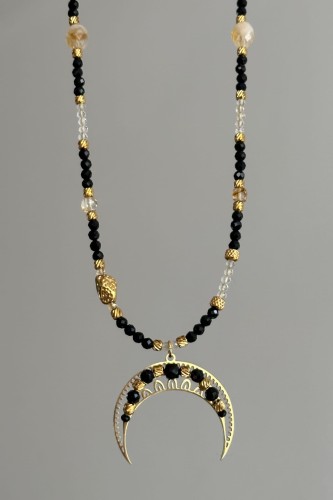 lunula z czarnym turmalinem, naszyjnik z cytrynem, naszyjnik ochronny, biżuteria z kamieni naturalnych, złota lunula, kobiecy talizman, elegancki naszyjnik damski