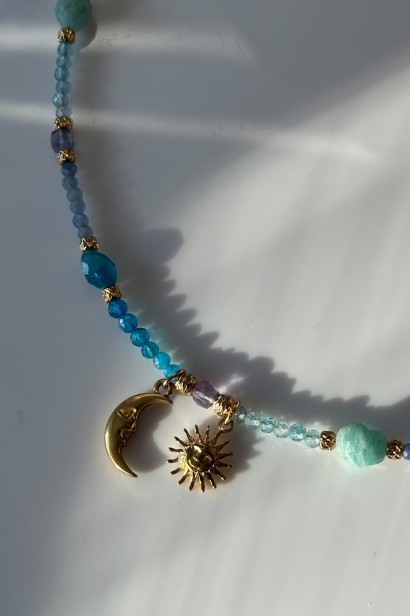 choker z kamieni naturalnych choker z fluorytem choker z amazonitem naszyjnik z apatytu choker damski z kamieni biżuteria z kamieni naturalnych niebieski choker z kamieni delikatny choker damski