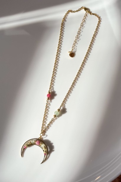 lunula na łańcuszku naszyjnik naszyjnik z turmalinem i awenturynem naszyjnik z kamieni naturalnych unikat biżuteria z oliwinem naszyjnik stal szlachetna regulowana długość