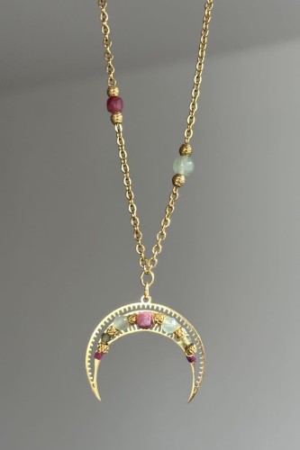 lunula na łańcuszku naszyjnik naszyjnik z turmalinem i awenturynem naszyjnik z kamieni naturalnych unikat biżuteria z oliwinem naszyjnik stal szlachetna regulowana długość