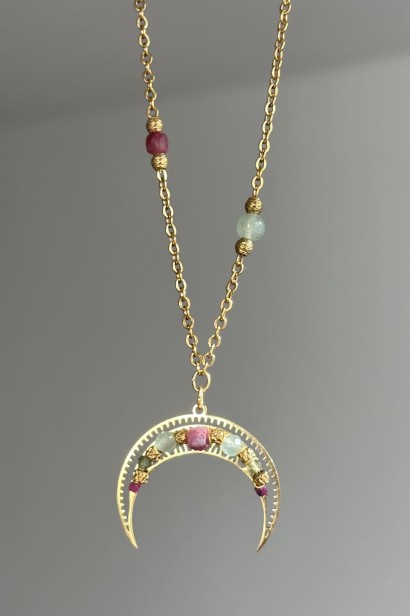 lunula na łańcuszku naszyjnik naszyjnik z turmalinem i awenturynem naszyjnik z kamieni naturalnych unikat biżuteria z oliwinem naszyjnik stal szlachetna regulowana długość